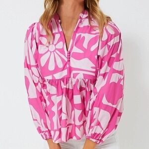 Oliphant Twiggy Mandarin Balloon Sleeve Blouse Size XS Pink Boho Resort Chic